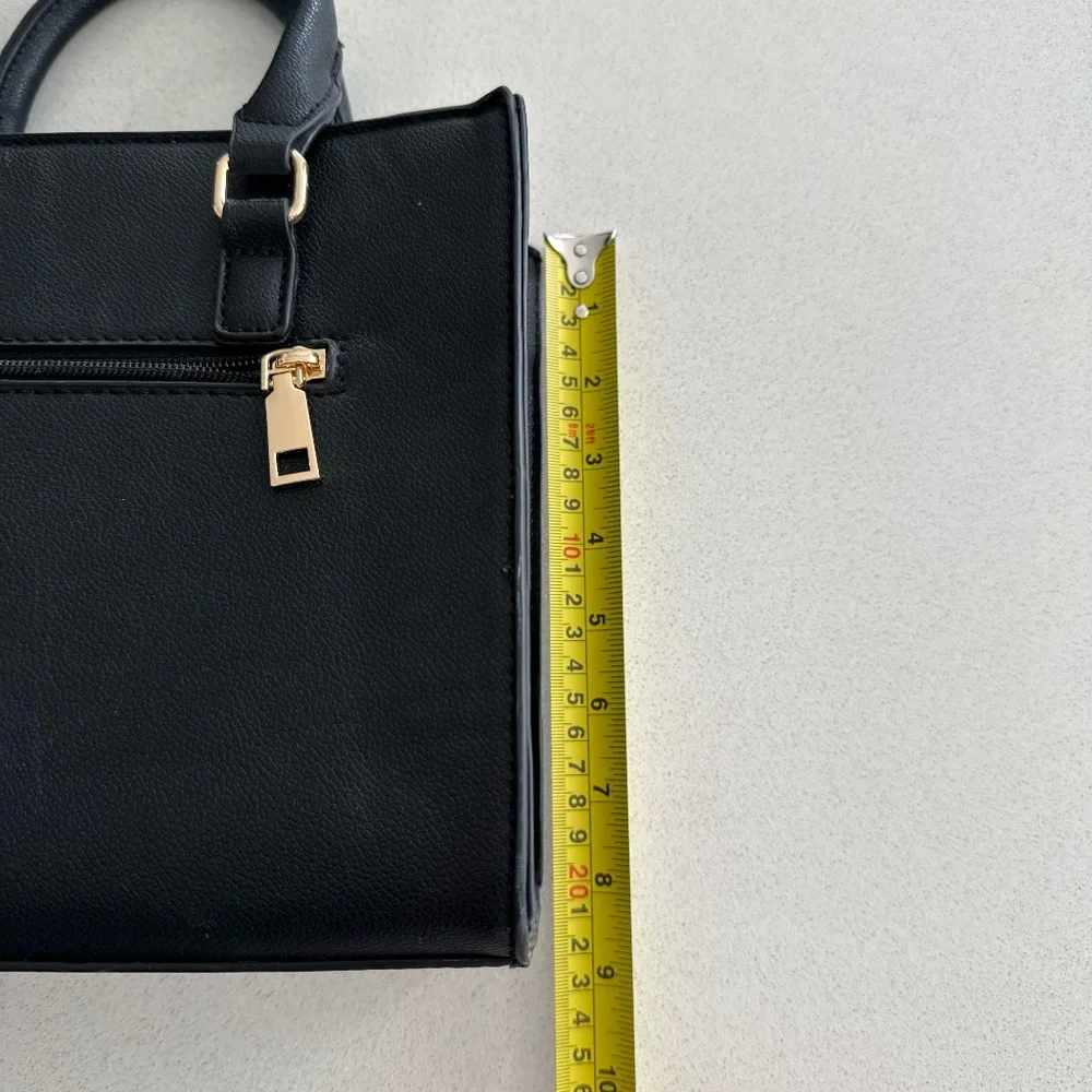 Black Structured Top Handle Crossbody Purse Faux Leather Basic Purse Everyday - Picture 8 of 13